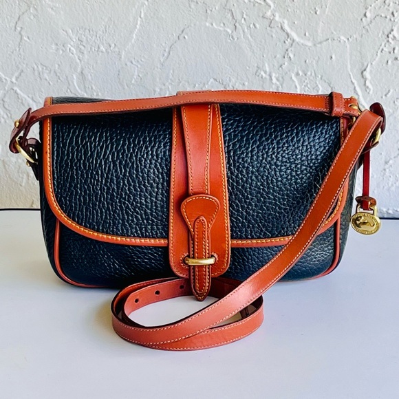 Dooney & Bourke Handbags - VINTAGE ALL WEATHER LEATHER LARGE EQUESTRIAN BAG BLACK TAN TRIM